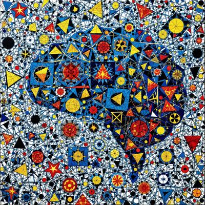 The primary subject of the image is a colorful, abstract representation of a brain. The setting is a blue background, and the visual style is a combination of digital art and illustration. The colors and mood of the image are vibrant and energetic, with a focus on the intricate patterns and shapes that make up the brain.